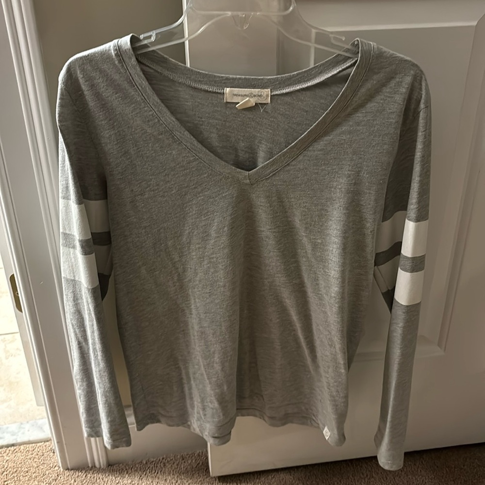 Treasure & Bond Varsity stripe long striped casual gray and white top.